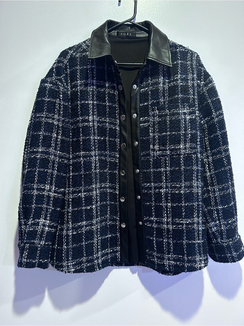 Plaid Tweed Jacket with Faux Leather Collar - Black & White